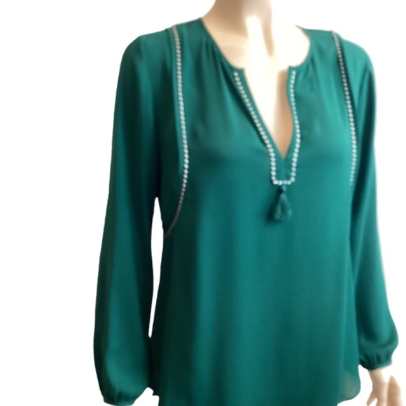 J Crew green Tassel‎ Trim popover blouse size 2 - Picture 3 of 7